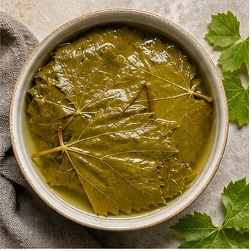 Brined grape leaves stacked in a bowl